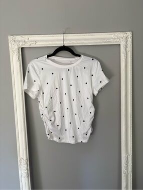 White Polka Dot Short Sleeve Tee With Side Ruching